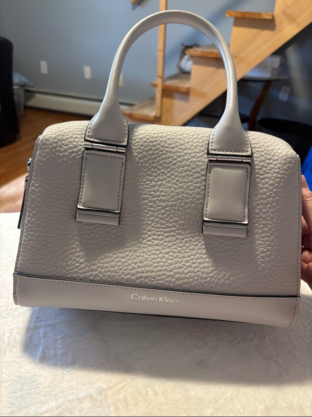 Calvin Klein Pebbled Satchel in Light Gray